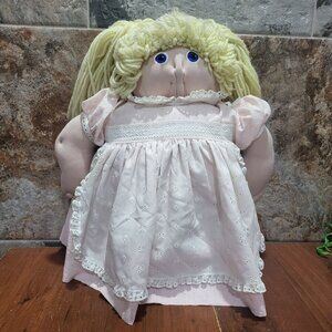 Vintage Doll Blonde Yarn Hair Soft Sculpture Cloth Face Pink Dress